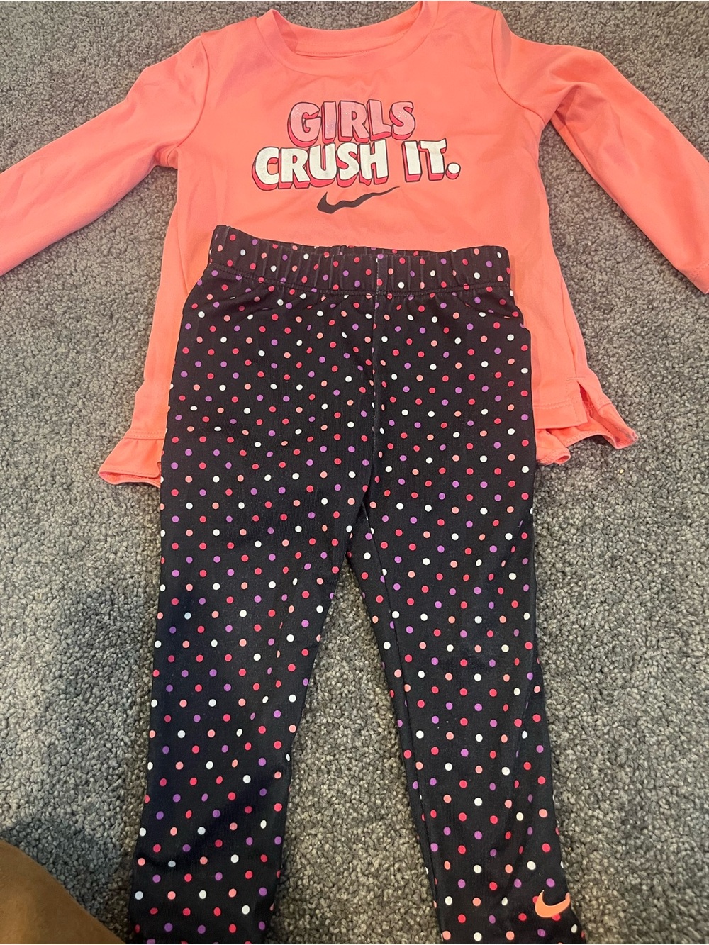 Nike Girls Coral Pink Top with Black Polka Dot Leggings 18 months
